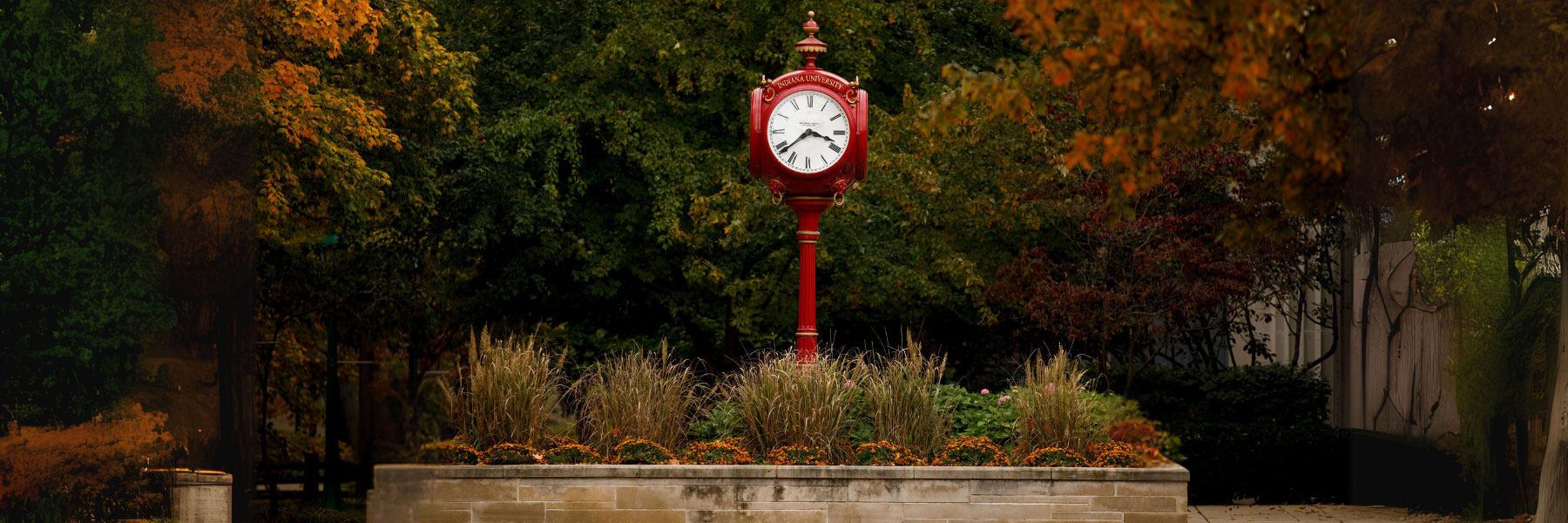 Scene from campus showing trees in fall color and an IU clock